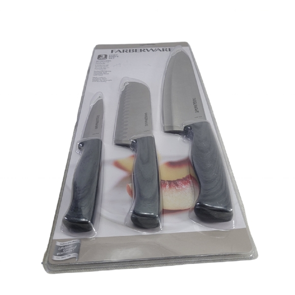 Farberware Set Of 3 Chef, Santoku & Paring Knives Steinless Steel New - Picture 4 of 8